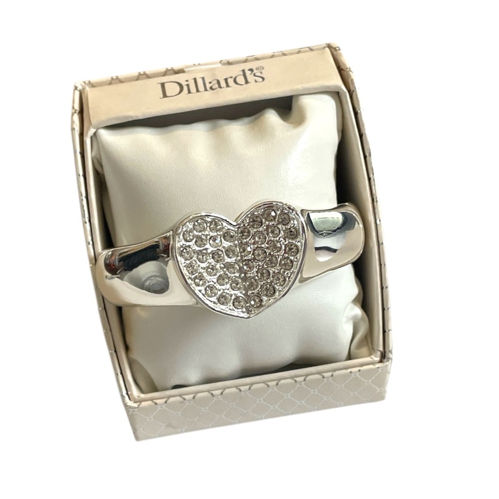 Dillard’s Silver Heart Crystal Hinged Oval Bracelet New in Box NWT